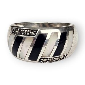 Sterling Dome Ring Striped Mother Of Pearl Black Glass Marcasite 925 Silver 6.75